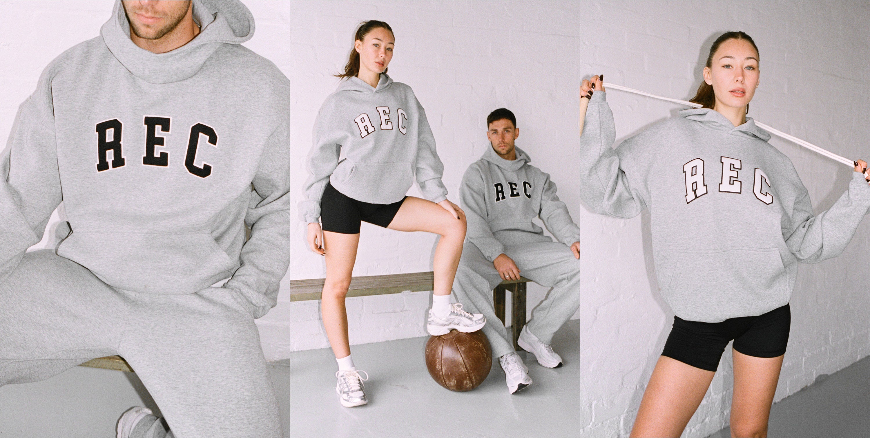 Collage of people wearing gray 'REC' hoodies with various poses.
